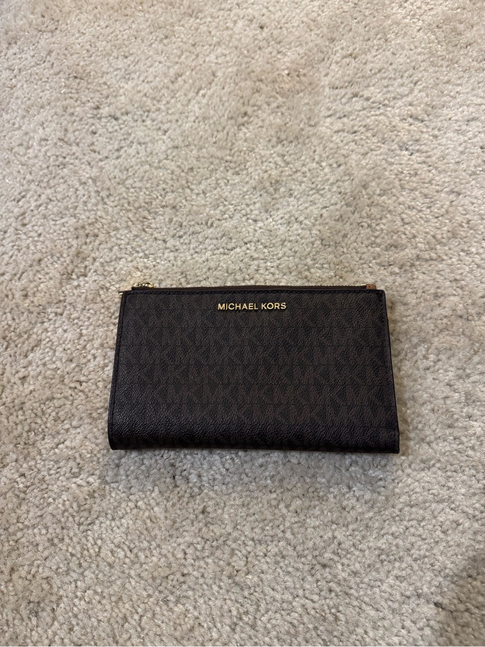Michael Kors Jet Set Dark Brown Logo Double Zip Card Holder with Gold Hardware